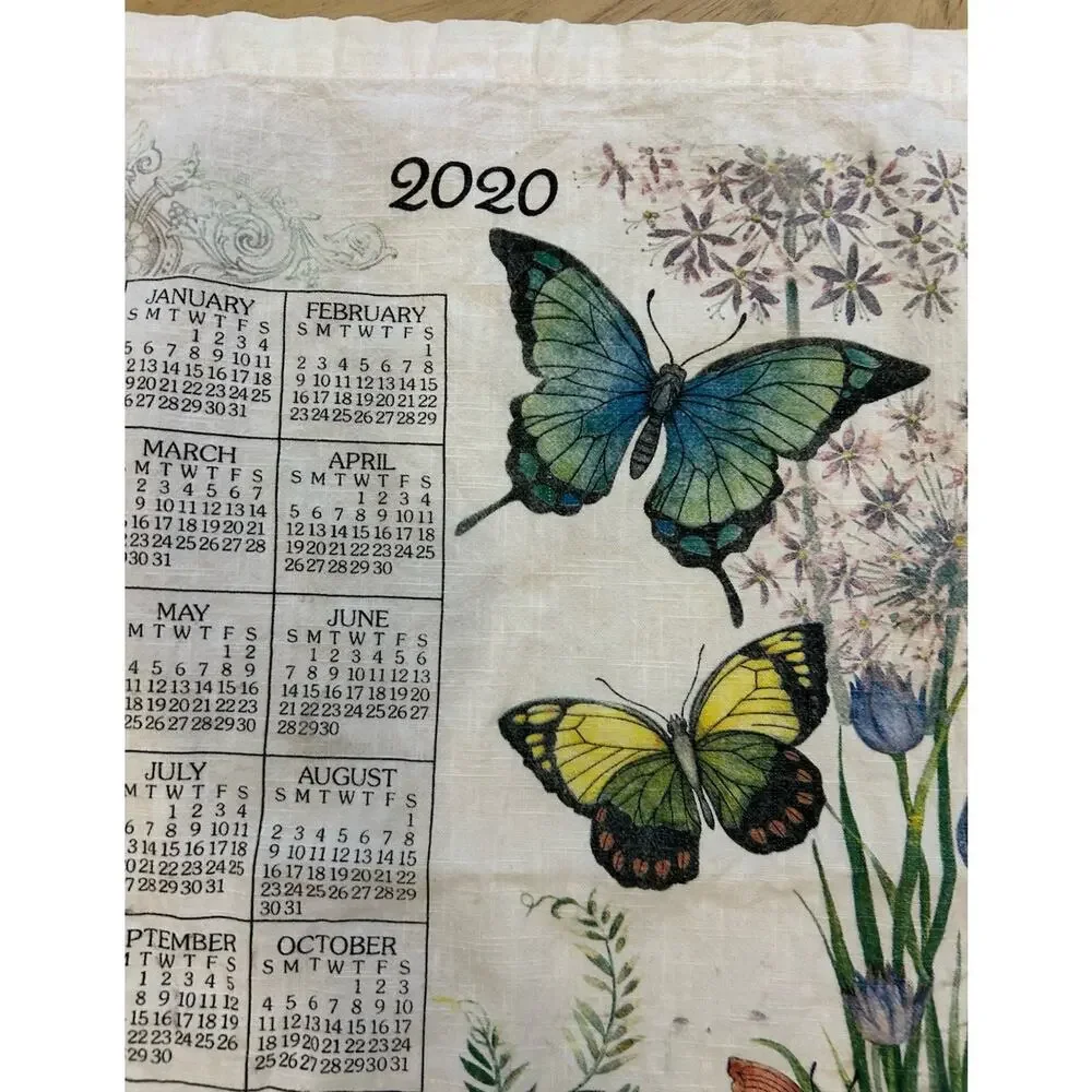 KITCHEN CALENDAR TEA TOWEL-LINEN Butterflies Garden Floral 2020 Susan Winget